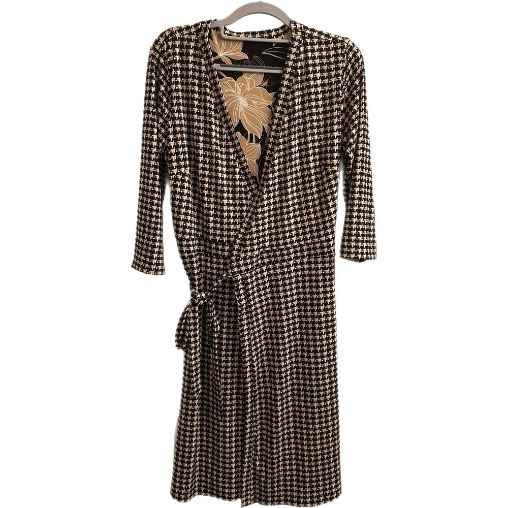 White House Black Market Black Tan Floral Houndstooth Reversible Wrap Dress Sz M - Picture 2 of 8